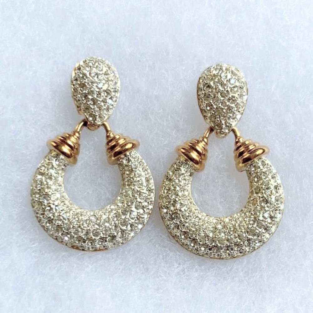 Carré rhinestone 18K Gold-plated circle dangle Post earrings NEW